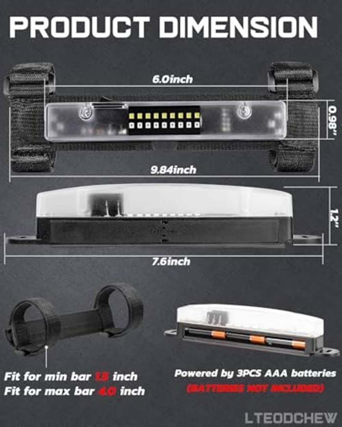 Roll-bar LED light bar with clear lens and black adjustable strap mounts, side switch