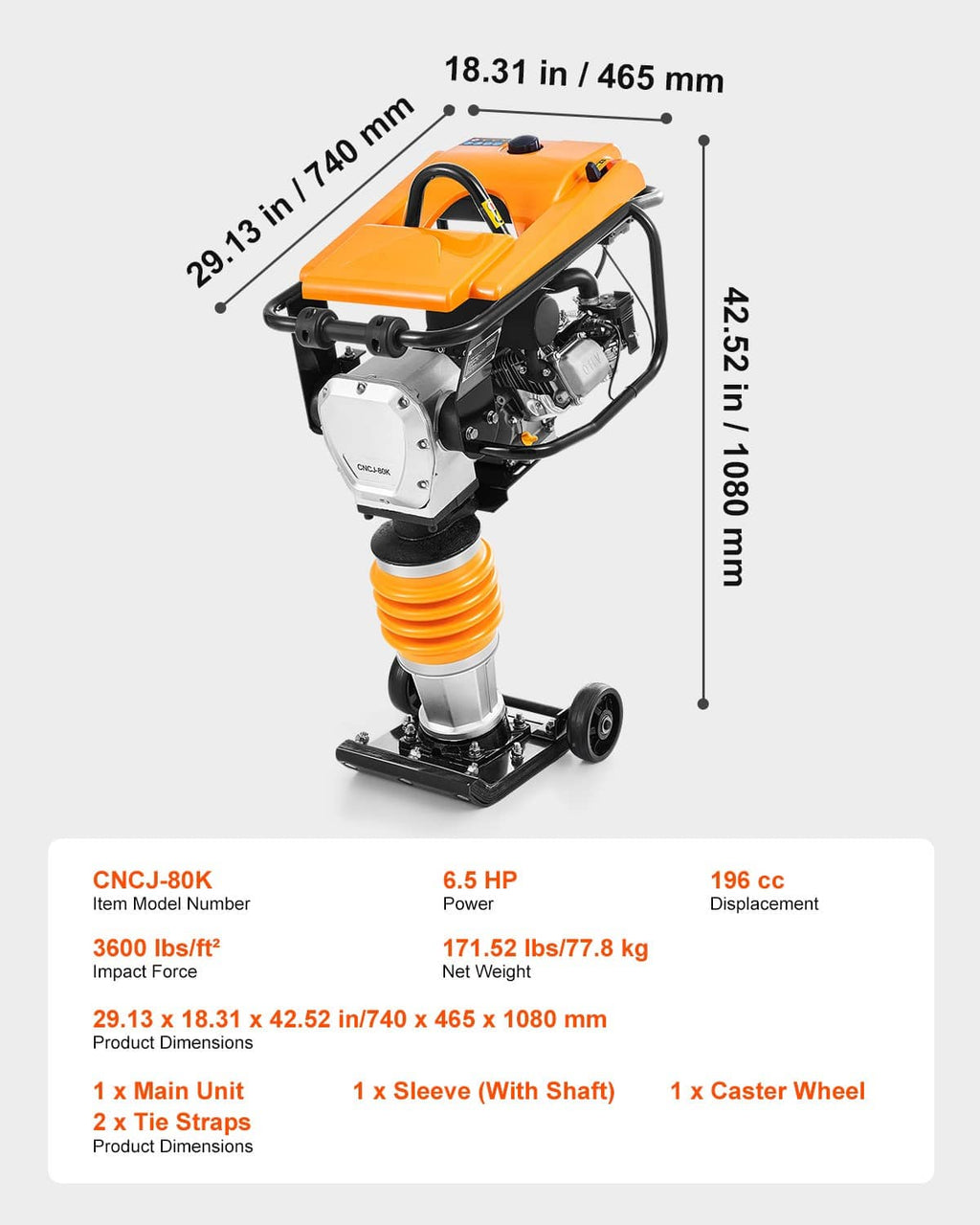 Orange vibratory rammer tamper with spring assembly, engine, and base plate