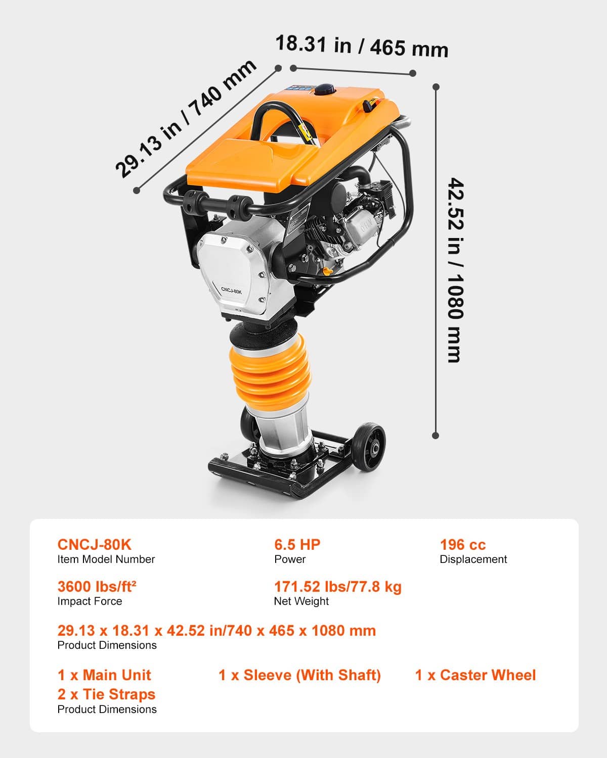 Orange vibratory rammer tamper with spring assembly, engine, and base plate