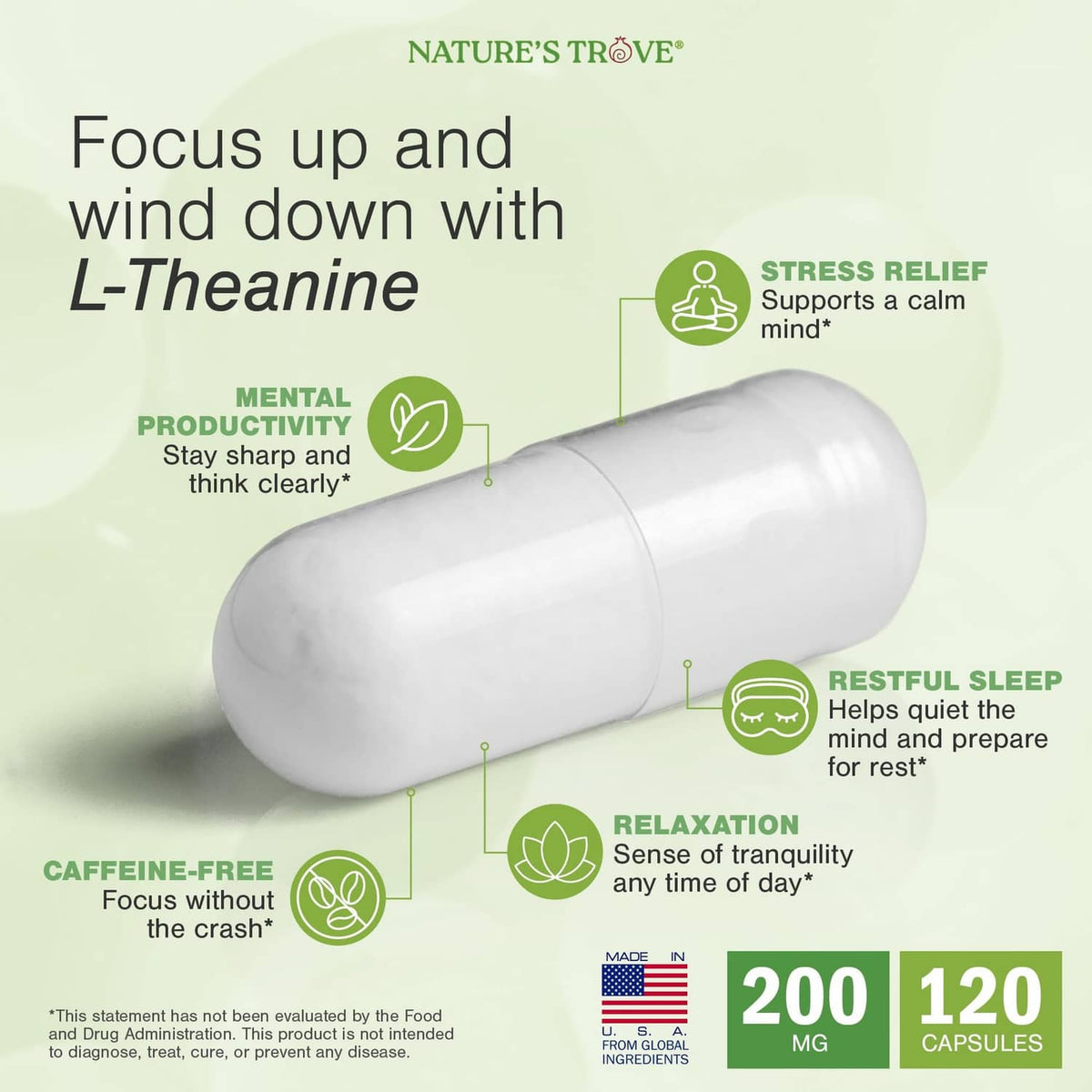 Nature's Trove L-theanine 200 mg 120 capsules supplement label with capsule graphic