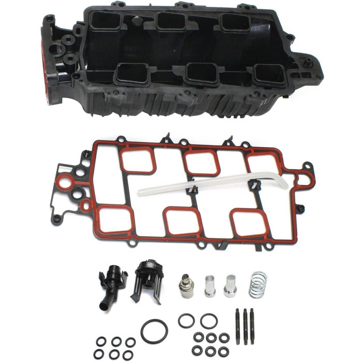 Upper intake manifold with gasket and installation hardware, black parts with red seal