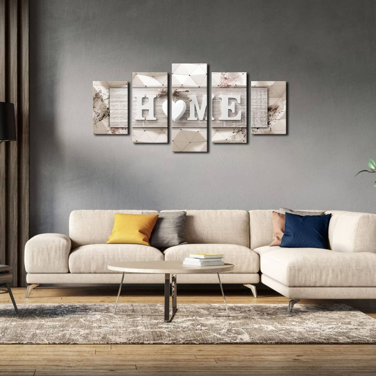 Wall-mounted multi-panel canvas decor with "HOME" text and heart on a neutral wall