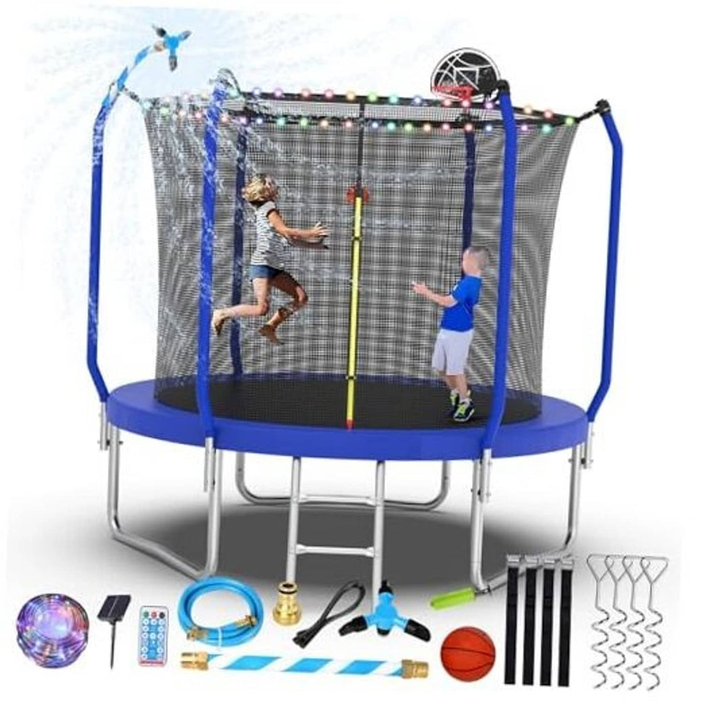 Royal blue trampoline with safety enclosure net and basketball hoop