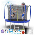 Royal blue trampoline with safety enclosure net and basketball hoop