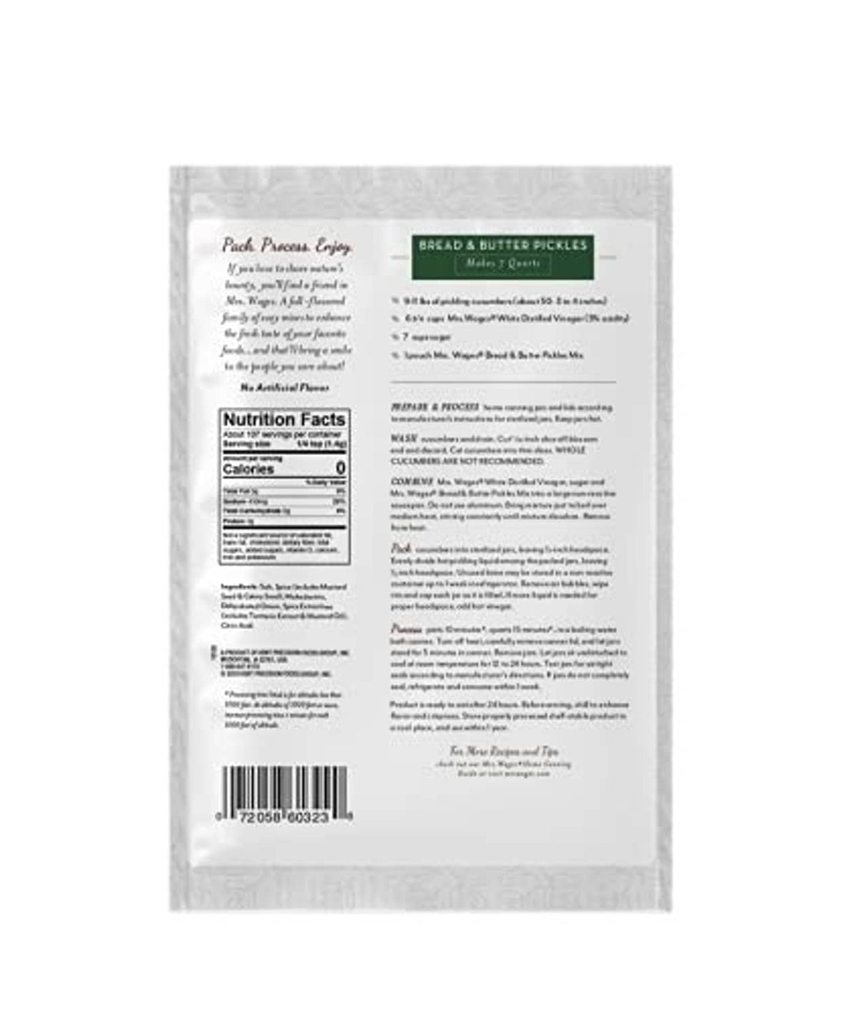 Back label of Mrs. Wages Bread & Butter Pickles quick process mix with directions
