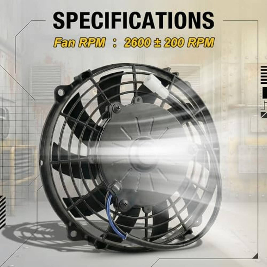 Radiator cooling fan with black grille, gray motor housing, and blue power lead