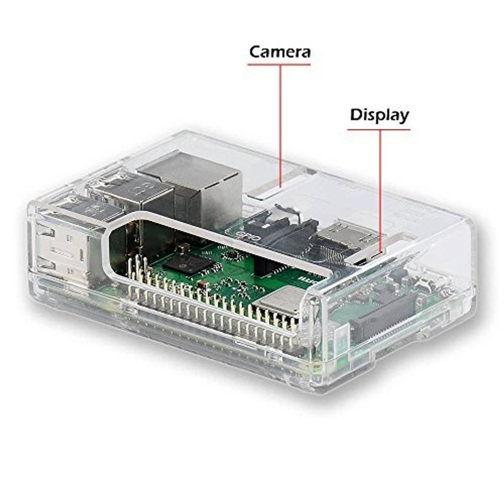 Transparent Raspberry Pi 3B+ case angled view with camera and display connector area