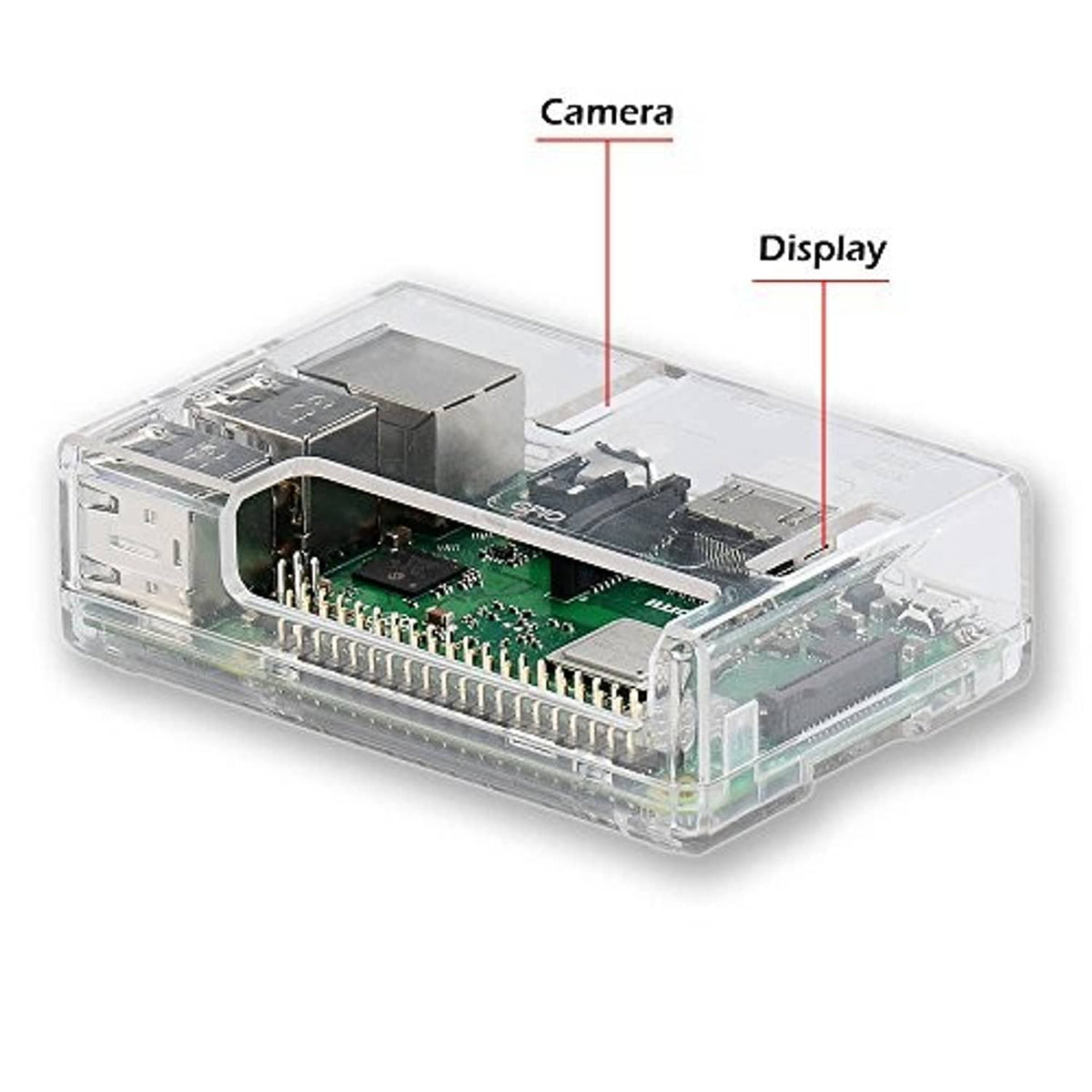 Transparent Raspberry Pi 3B+ case angled view with camera and display connector area