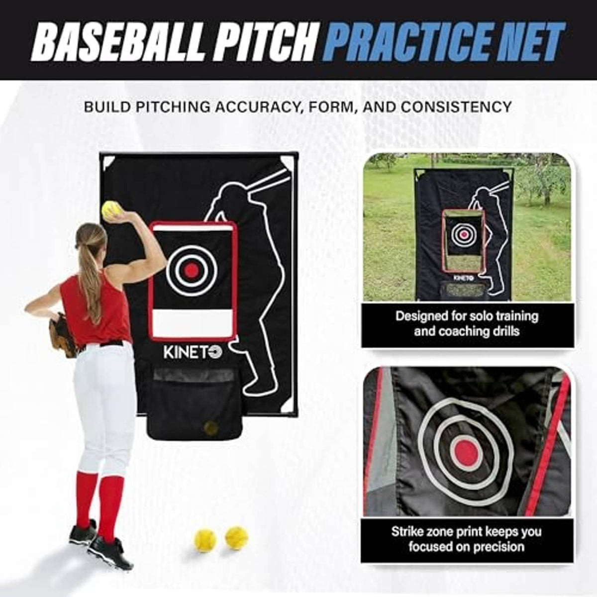 Kineto training target net with bullseye target print and padded bottom pouch for balls
