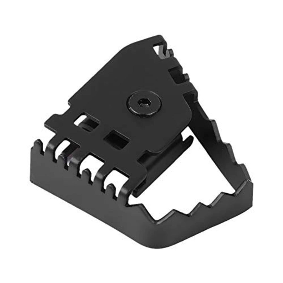 Black motorcycle brake pedal lever extension bracket, side view with mounting hook