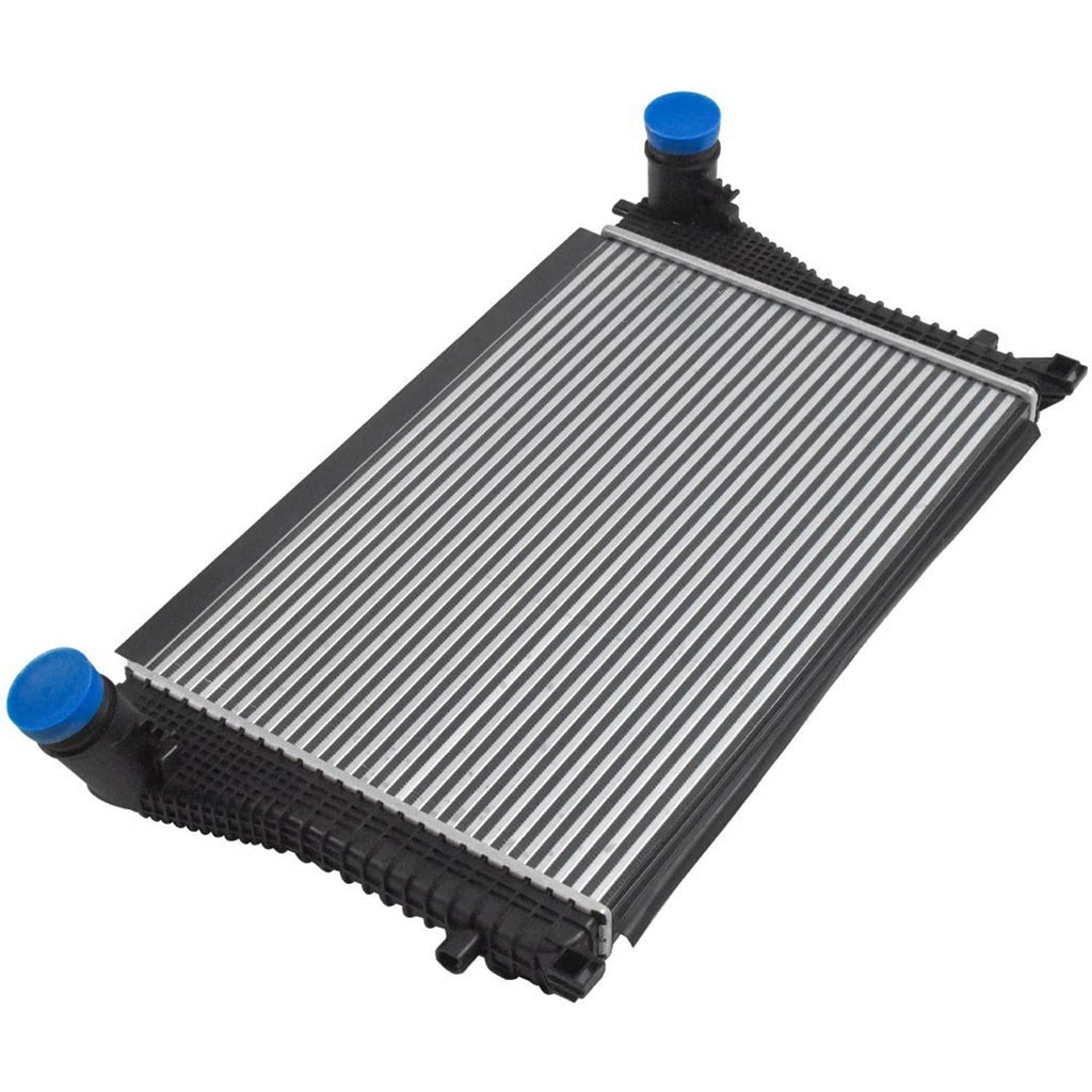 Turbo intercooler charge air cooler, side view with silver fin stack and blue cap fittings