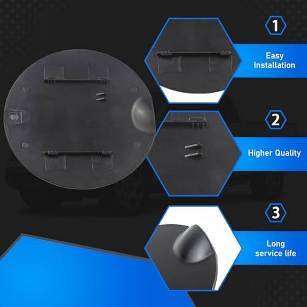 Rear view of matte black gas tank door cover with mounting clips and hardware