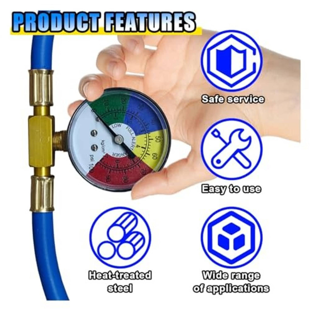 Blue hose with brass valve and round pressure gauge held in hand