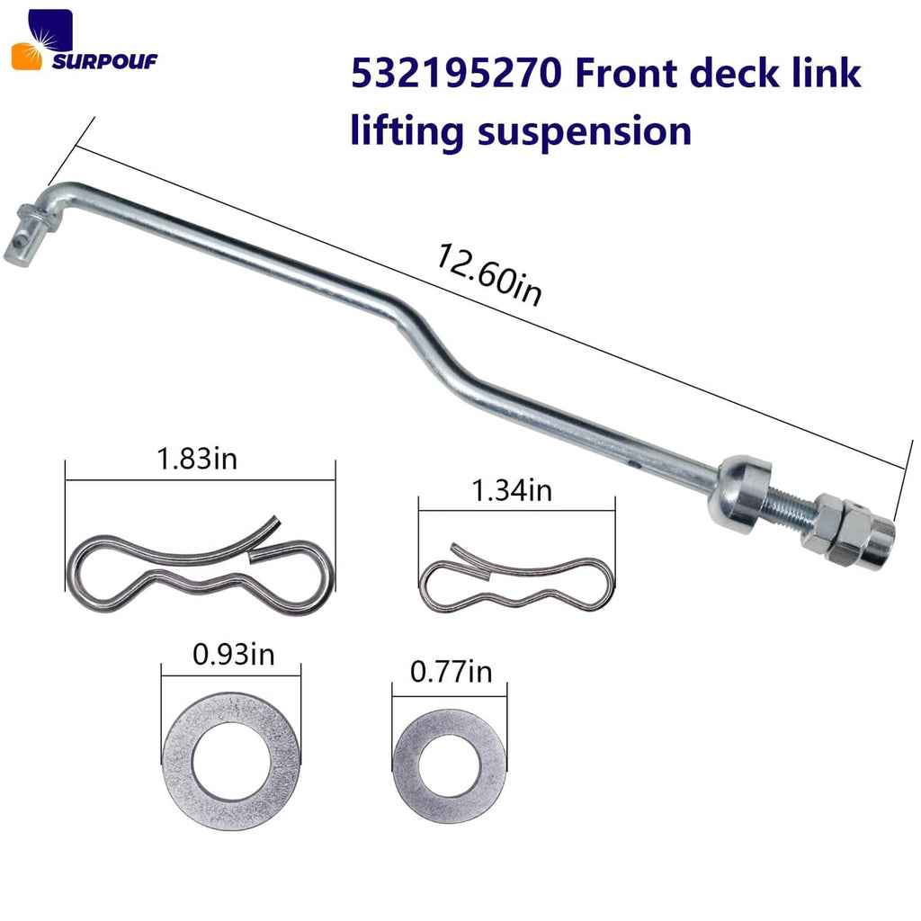 Galvanized front deck lift link with bolts, washers, and cotter clips