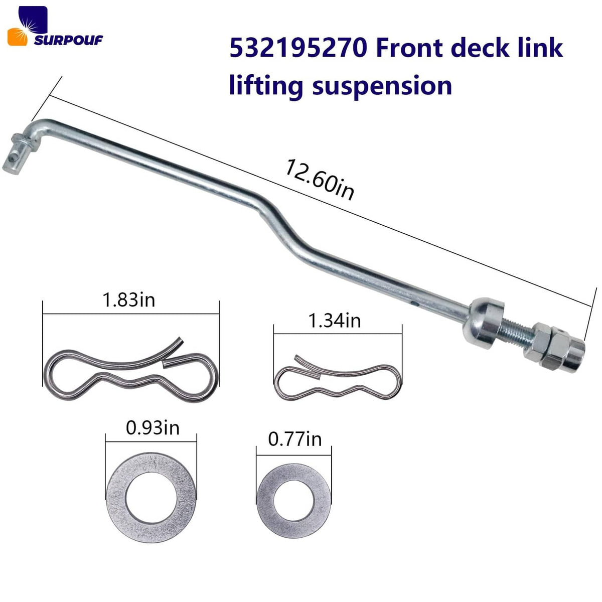 Galvanized front deck lift link with bolts, washers, and cotter clips