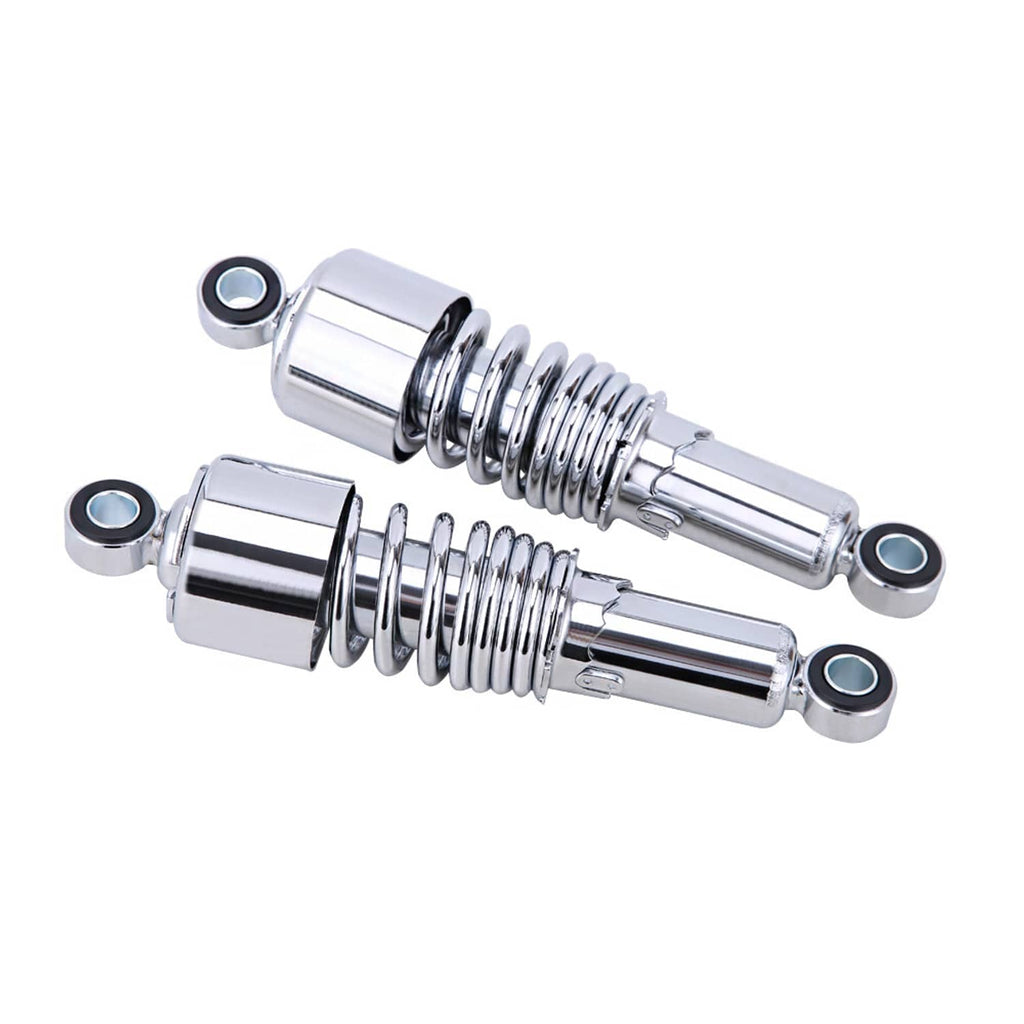 Chrome rear shock absorber pair with coil springs and eyelet mounting ends