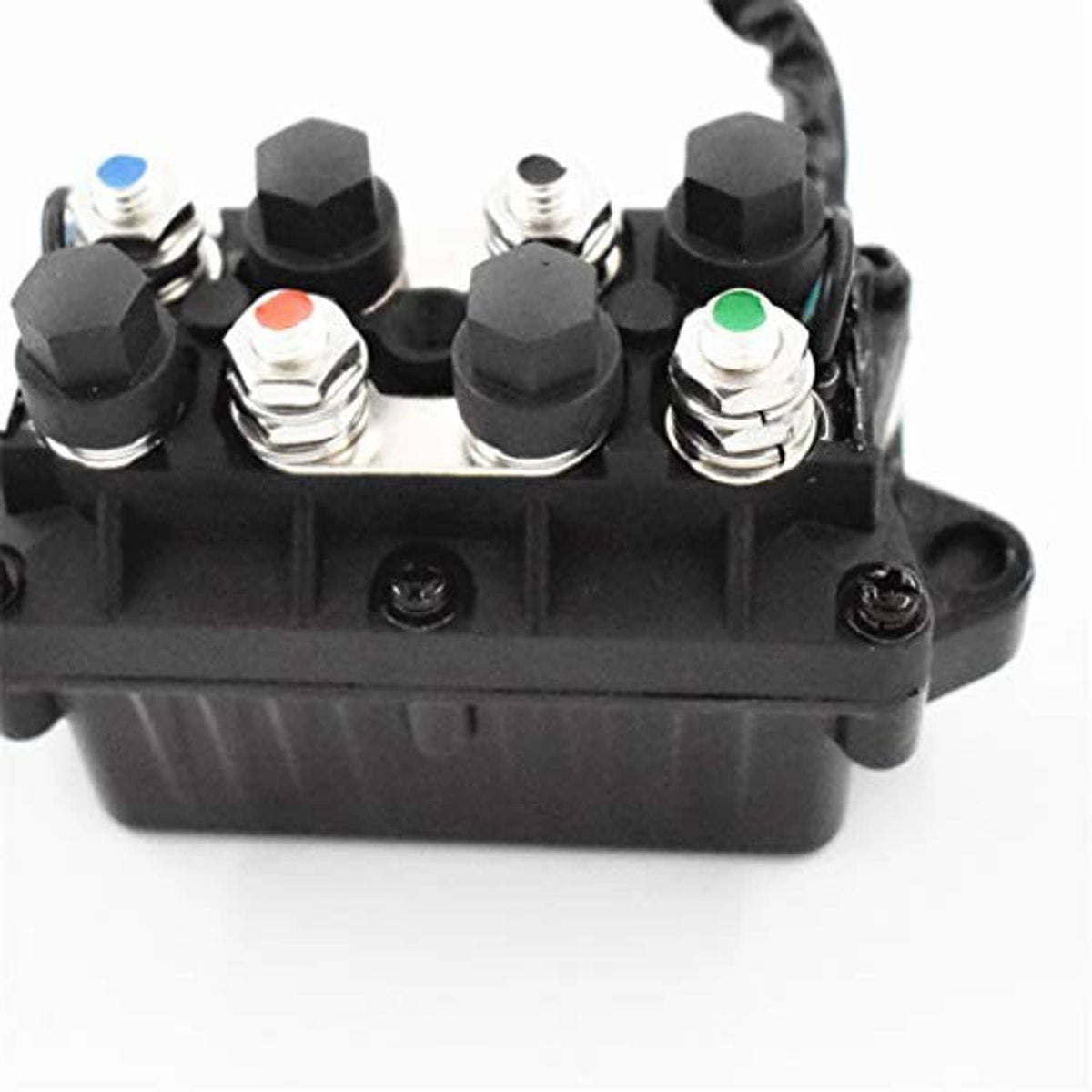 Marine outboard power trim relay module, black base with four terminal studs and cable connection