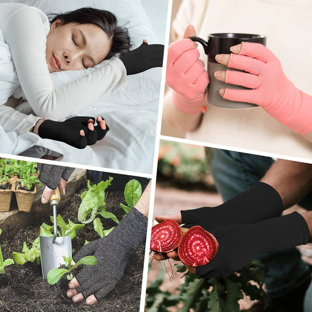 Gray fingerless compression gloves worn during daily tasks, open-finger style