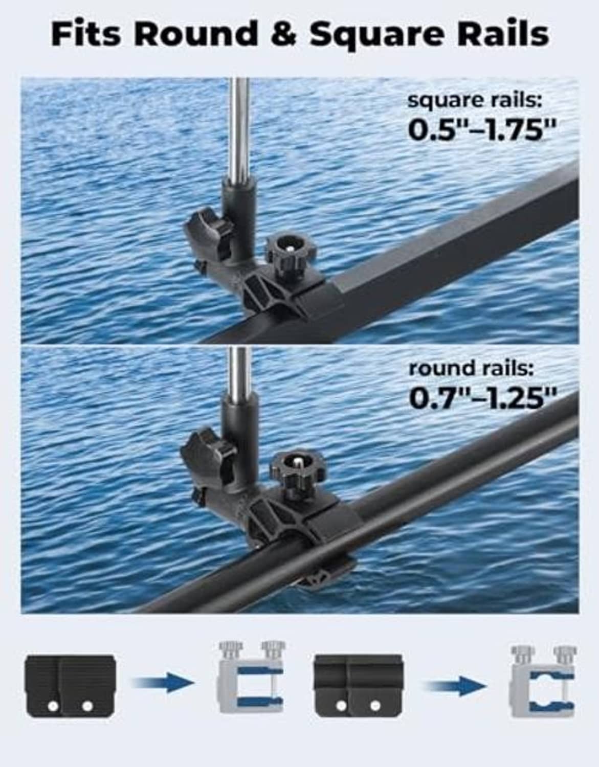Flag pole base clamp for round and square rails with adjustable bracket