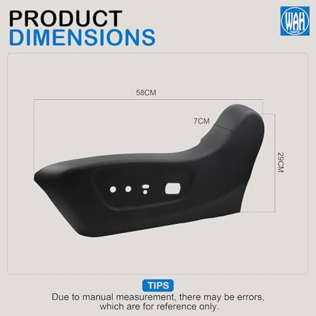 Black front left seat trim panel, contoured shape with switch and speaker openings