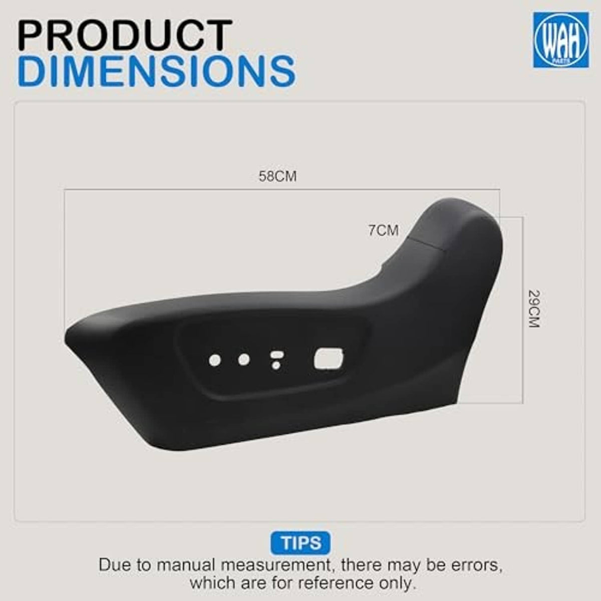 Black front left seat trim panel, contoured shape with switch and speaker openings