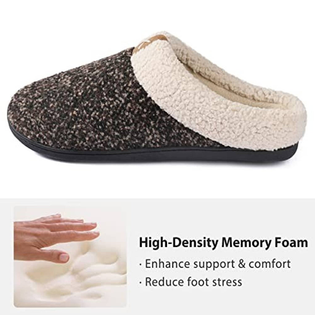 Side view of sherpa-lined slip-on slippers with dark speckled knit upper and foam sole