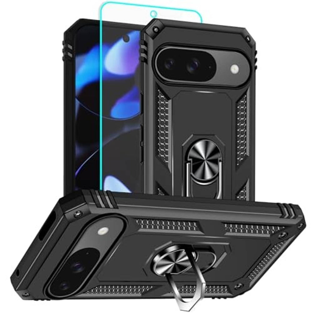 Black rugged phone case with dual camera cutouts, textured grip edge, ring kickstand holder