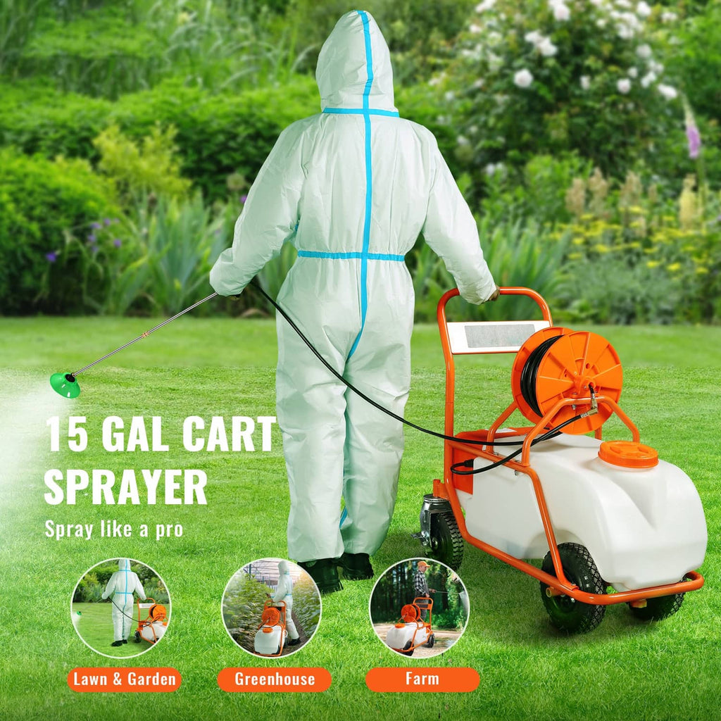Battery lawn sprayer cart with orange frame, white tank, hose reel, and spray wand