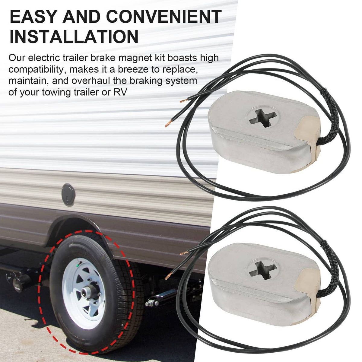 Two electric trailer brake magnet assemblies with black wire harness for trailer installation