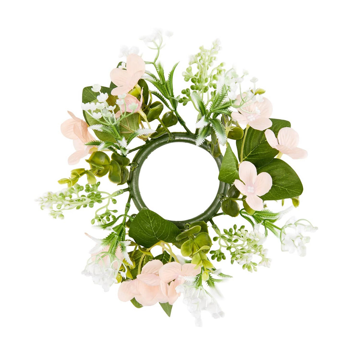 Floral greenery wreath with pink and white flowers and dark round frame
