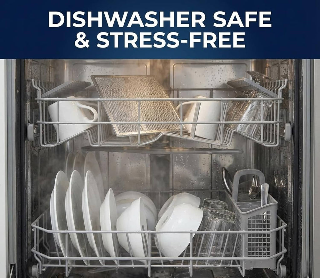 Range hood grease filter panel installed in dishwasher-safe rack