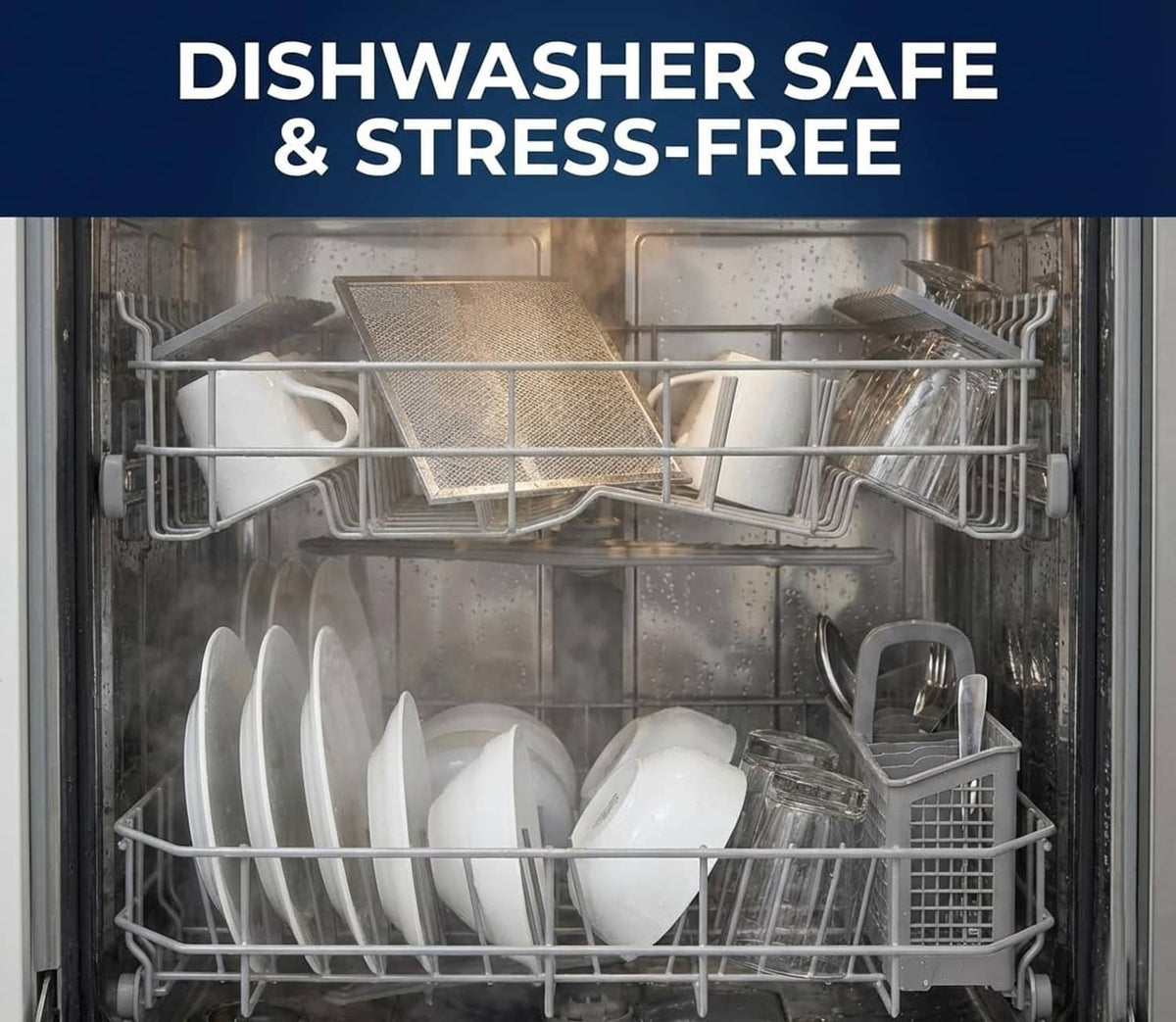 Range hood grease filter panel installed in dishwasher-safe rack
