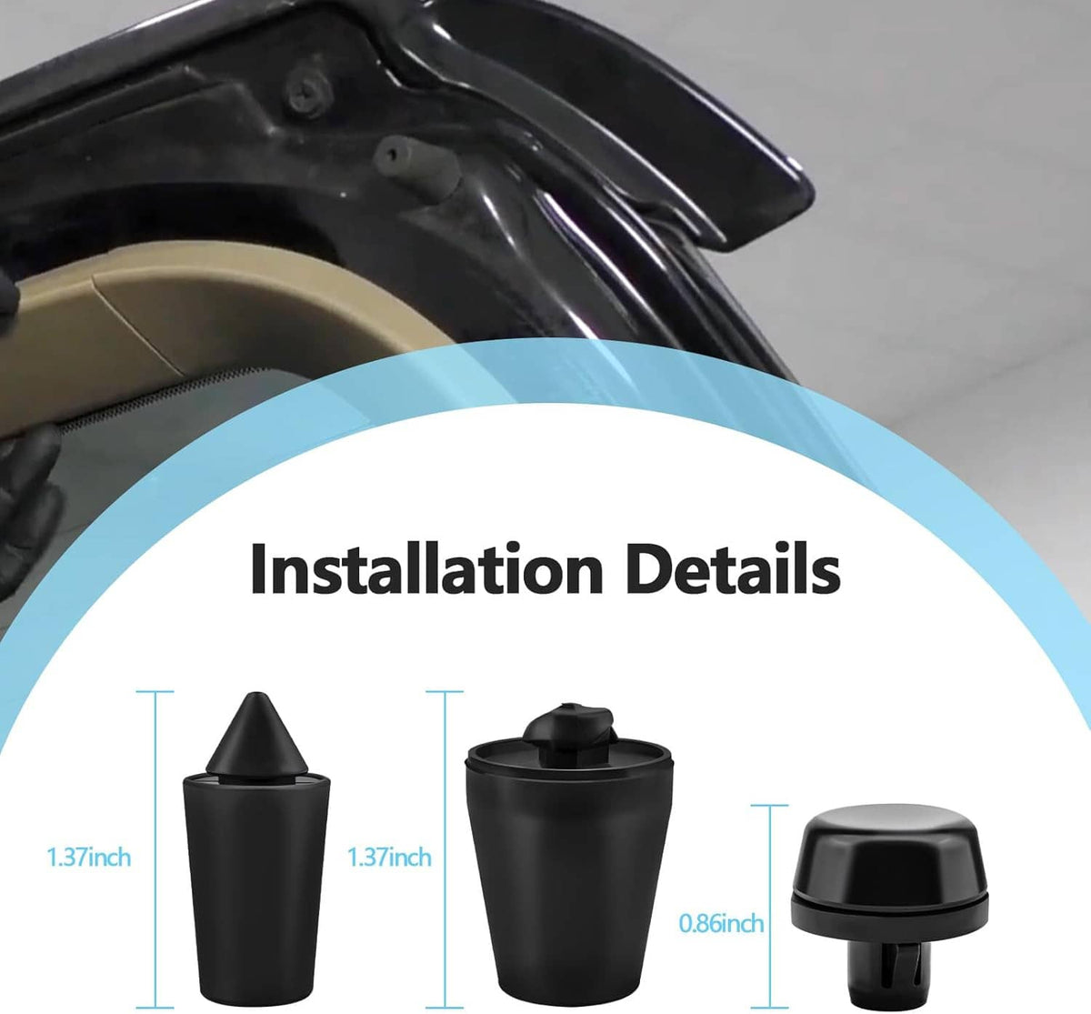 Black rubber door stop cushions with installation guide graphic over vehicle door