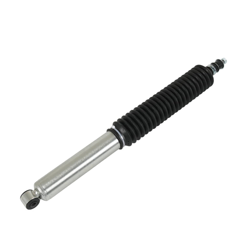 Rear shock absorber with black rubber boot and silver piston rod, single unit