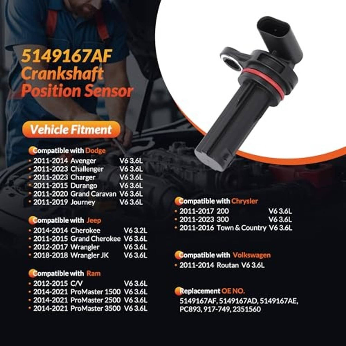 Crankshaft position sensor with black body and red O-ring at the tip