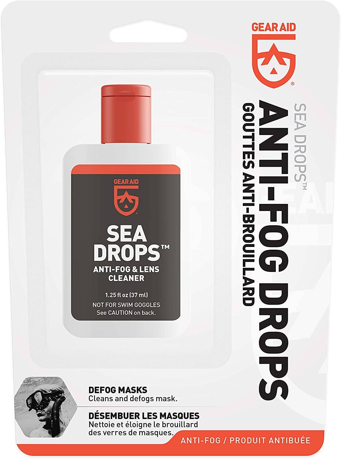 Anti-fog lens cleaner bottle in retail package with anti-fog and usage directions