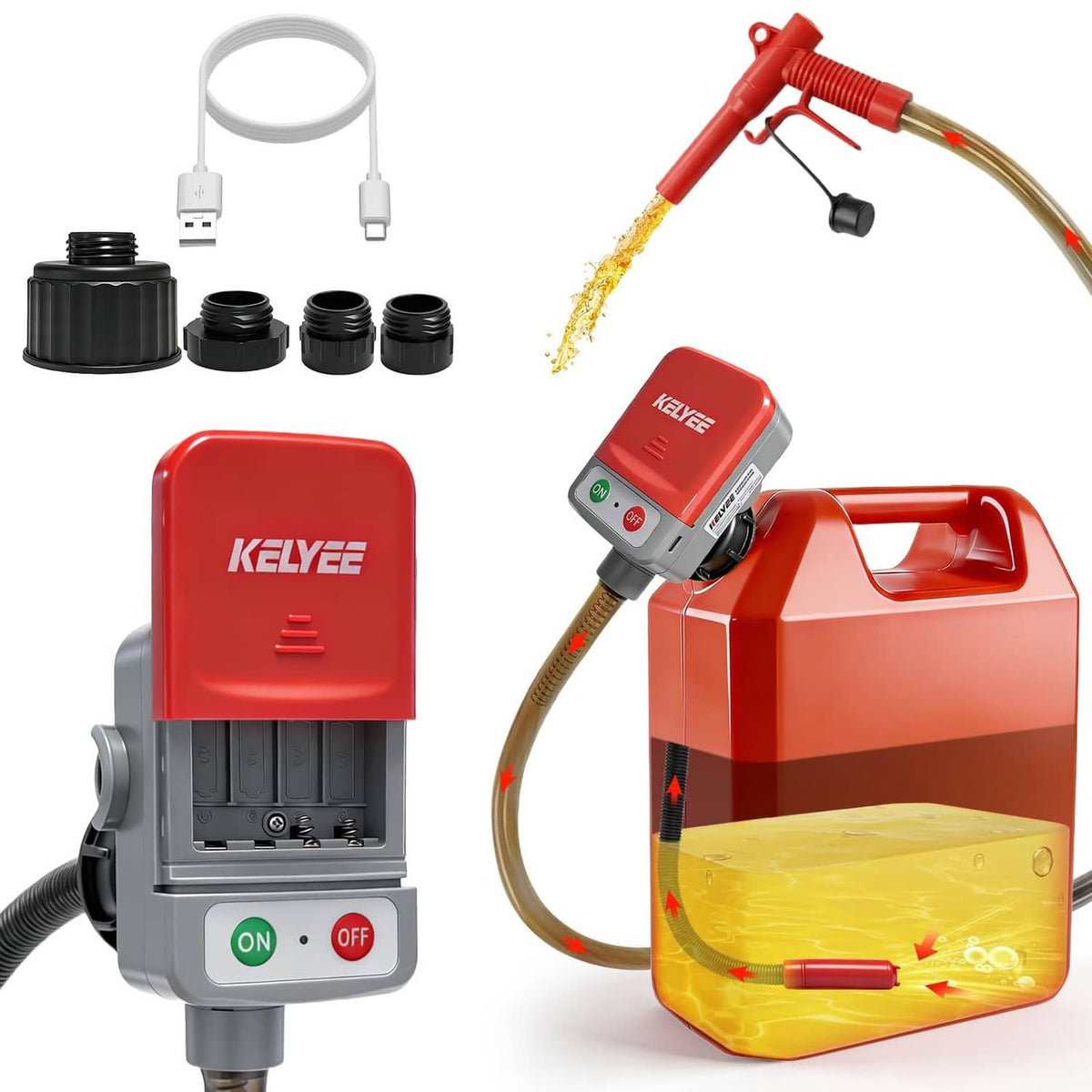 Red fuel transfer pump with auto-stop controller, discharge nozzle, and flexible hoses