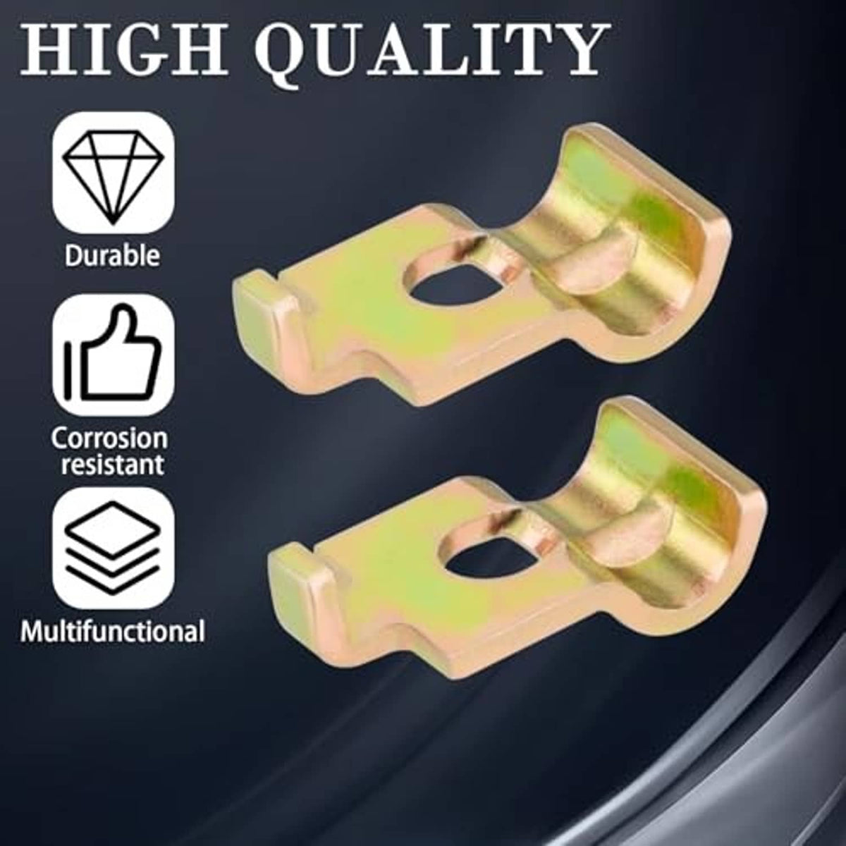 Two yellow-zinc throttle cable clamps with locking tabs, corrosion-resistant design