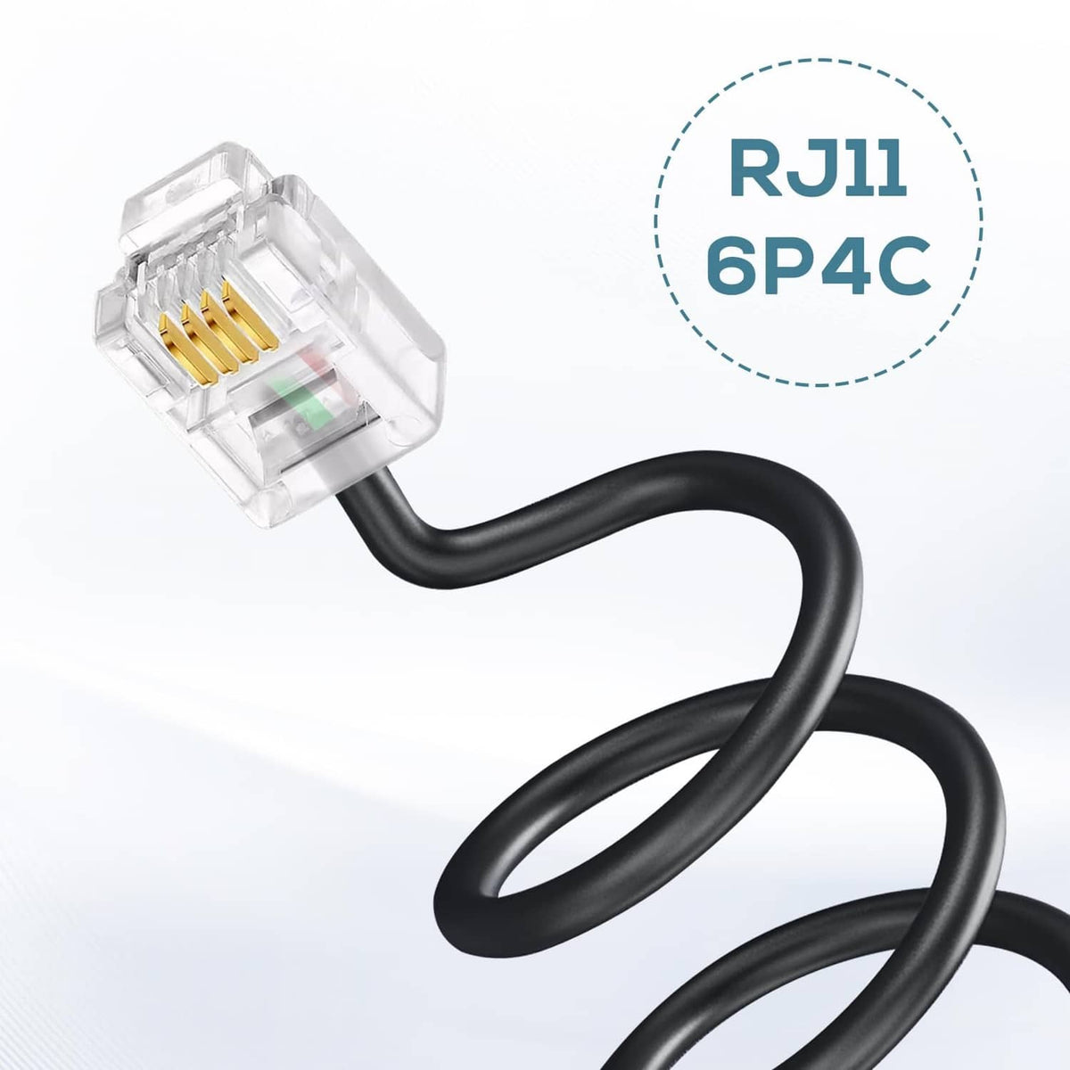 RJ11 6P4C connector with clear housing on black cable