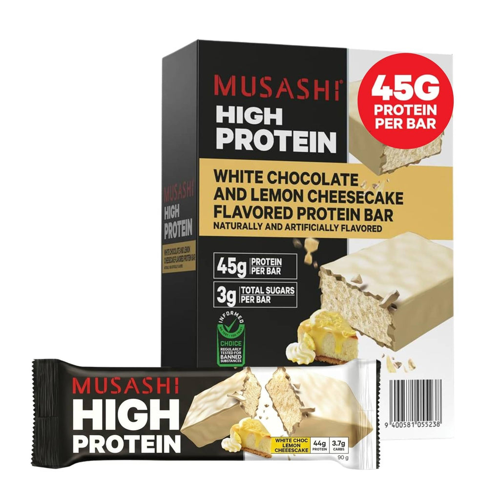 White chocolate and lemon cheesecake protein bar box and matching wrapped bar