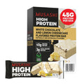 White chocolate and lemon cheesecake protein bar box and matching wrapped bar