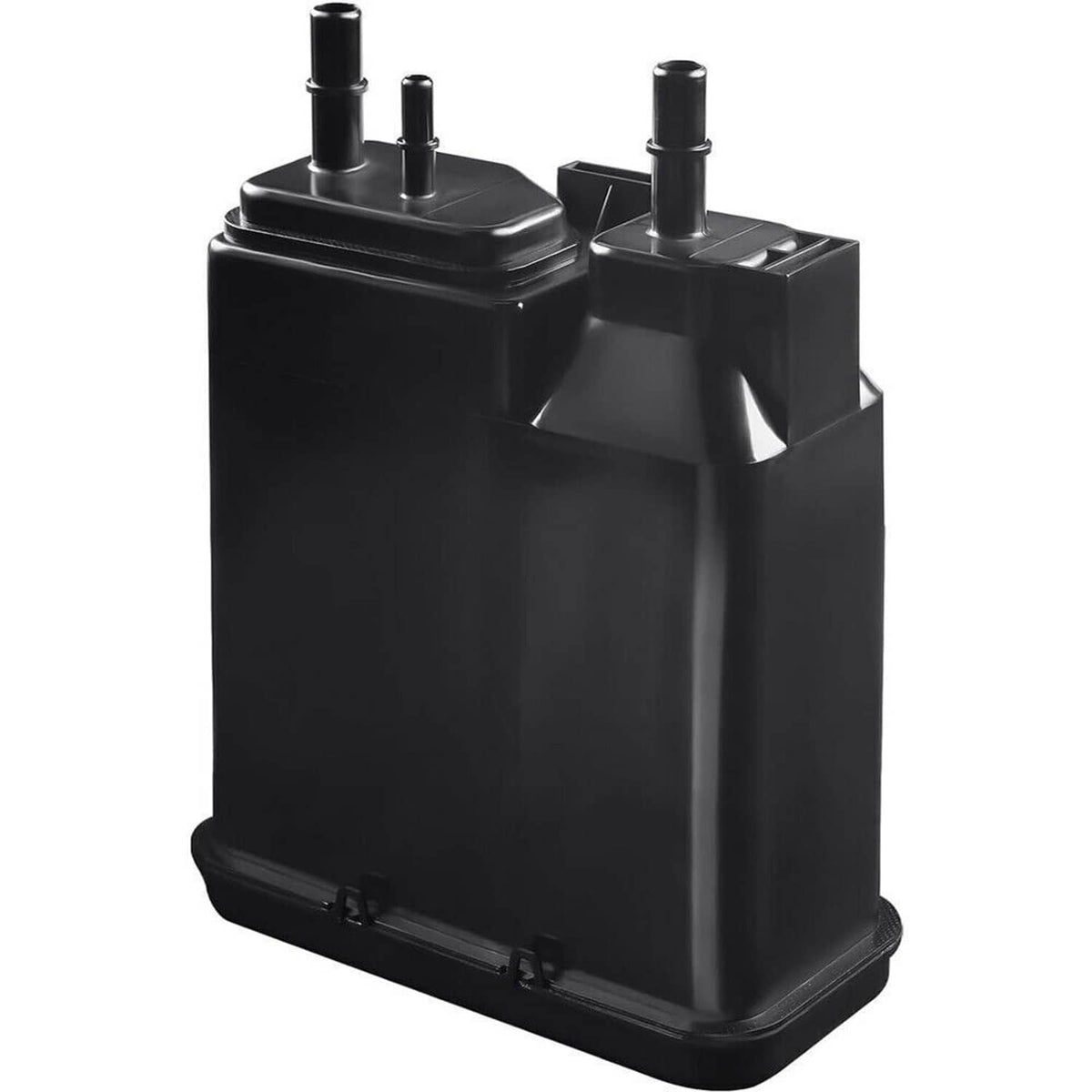 Black car vapor canister with two top tube fittings and molded plastic body
