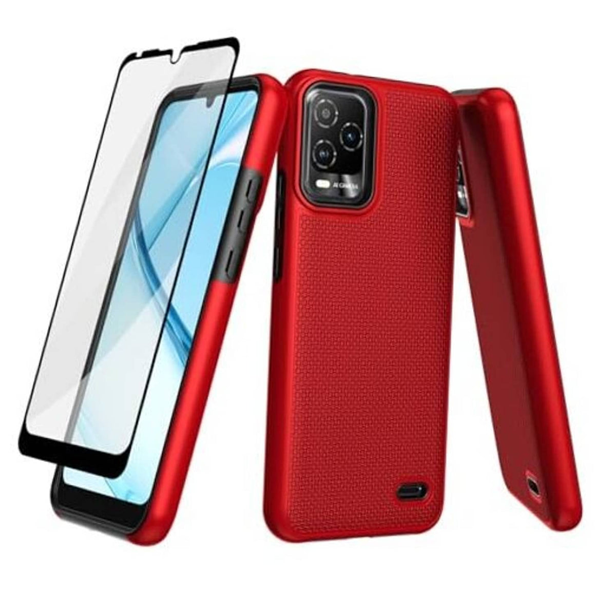Red non-slip textured phone case with clear screen protector and camera cutout