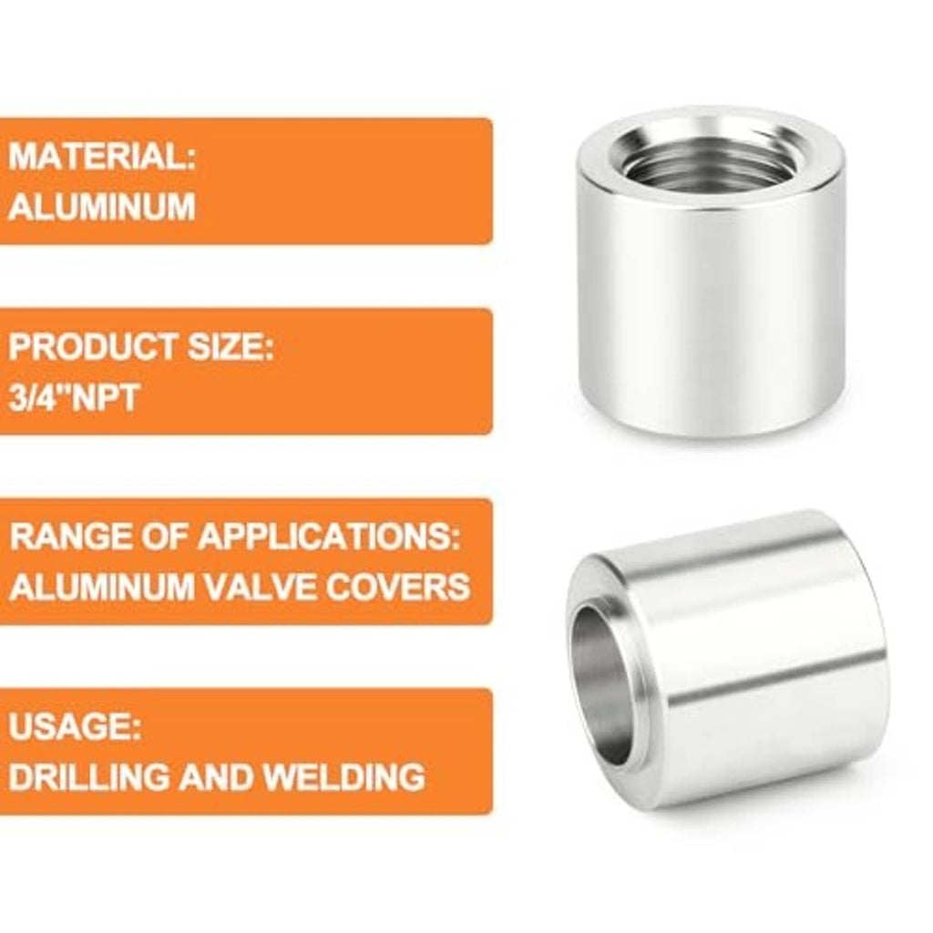 Aluminum weld-on bung with female 3/4" NPT threads and smooth cylindrical sleeve