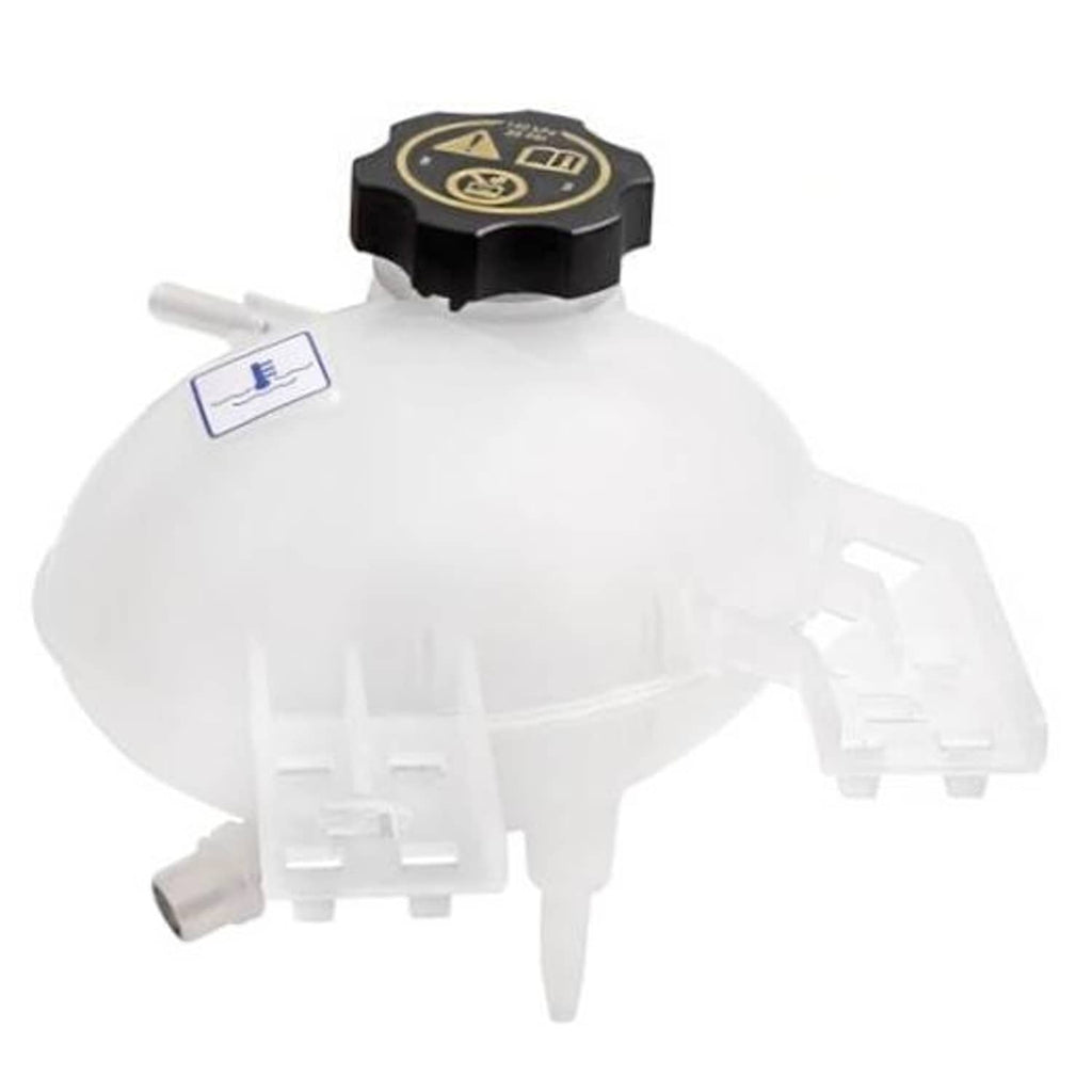 White plastic engine coolant reservoir expansion tank with dark safety cap and vent tube