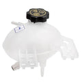 White plastic engine coolant reservoir expansion tank with dark safety cap and vent tube