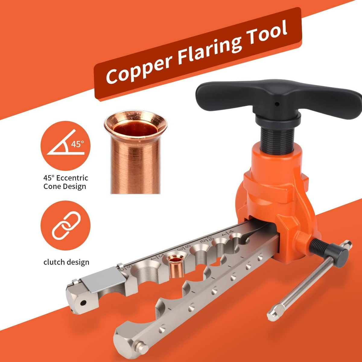 Copper flaring tool with orange body, black lever, and copper flare sample