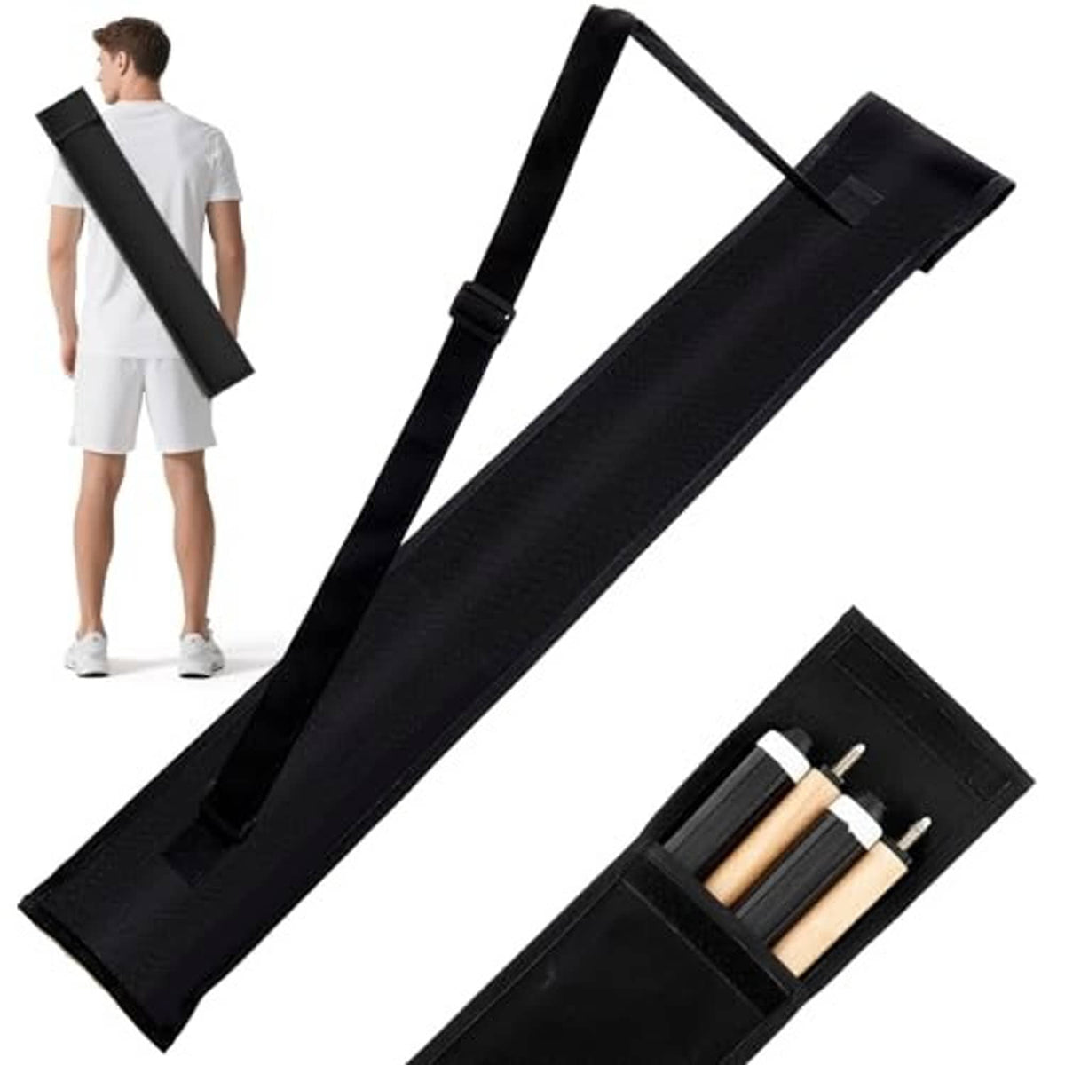 Black padded pool cue case with long carry strap and front pocket opening.