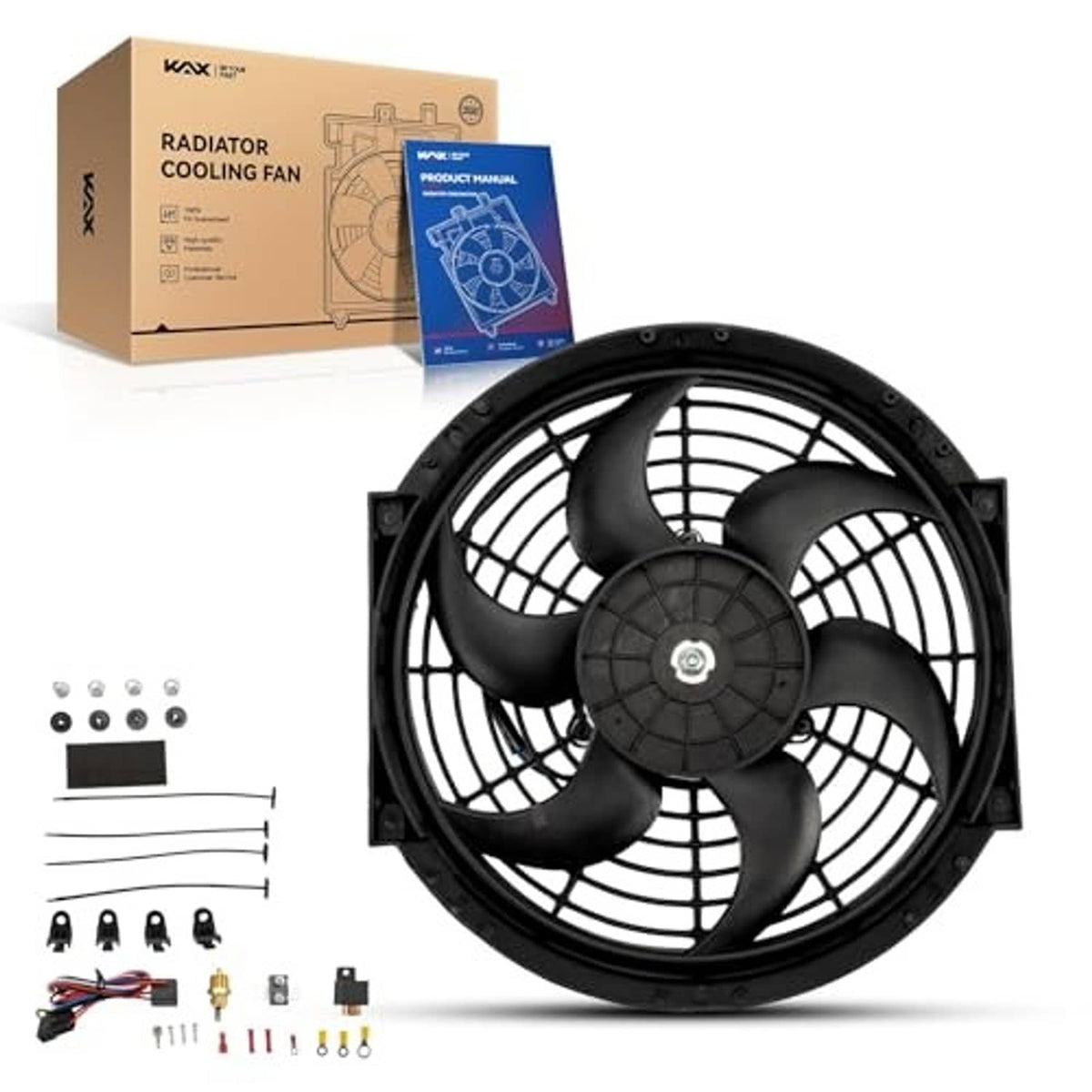 Radiator cooling fan with black five-blade impeller and mounting frame, 10-inch