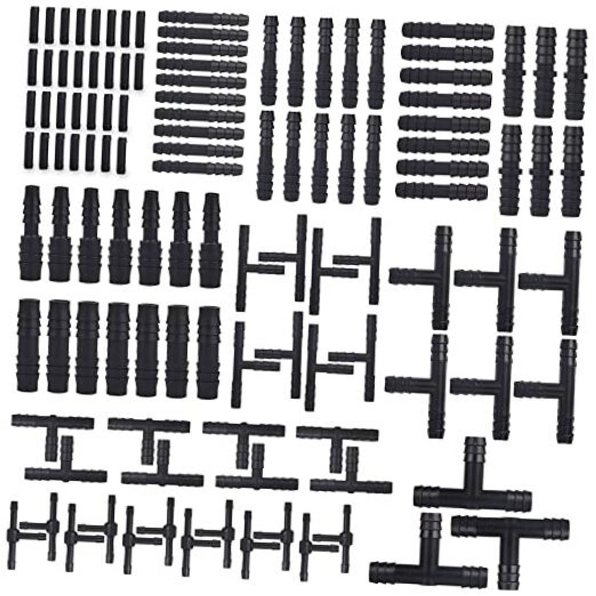 Black vacuum connector assortment kit with multiple straight and T-style tube ends